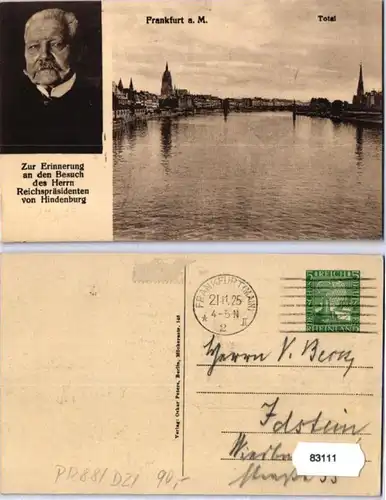 83111 DR Ganzsachen Postkarte PP88/D2 Hindenburg in Frankfurt a.M. 1925