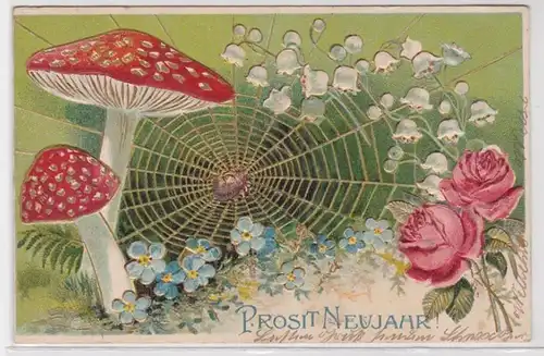 83238 Glückwunsch Präge AK Prosit Neujahr! Fliegenpilze vor Spinnennetz 1904