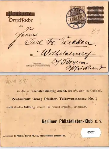 83326 Privat Ganzsachen Postkarte PP41/B1 Zudruck Philatelisten-Klub Berlin 1907