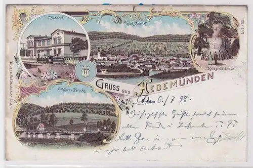 84608 Lithografie AK Gruss aus Hedemünden - Bahnhof Kriegerdenkmal & Brücke 1898