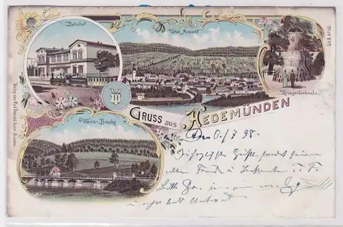 84608 Lithographie AK Gruss de Hedemünden - Gare des Kriegerdenkmal & Pont 1898