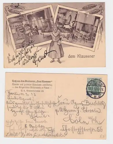 84711 Ak Berlin Krausensstr. 64 Salutation du restaurant 'Zum Klaussner' 1913