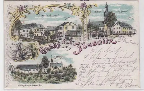 84746 Ak Lithographie Gruß aus Jössnitz Gasthof, Kirche, Schloß usw. 1901