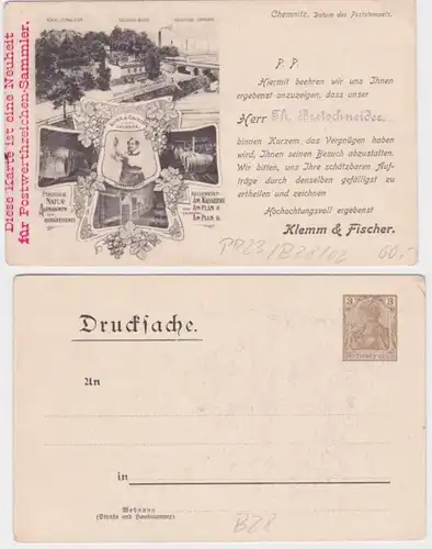 84822 DR Ganzsachen Postkarte PP23/B28/2 Chemnitz Kassberg Firma Klemm &Fischer