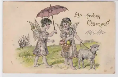 84823 Frohe Ostern Präge Ak 2 Engel gehen mit Schirm und Lamm spazieren um 1900
