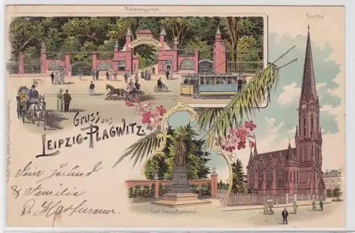 85639 Lithografie AK Gruss aus Leipzig-Plagwitz - Kirche & Palmengarten 1901