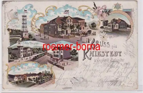 85706 Lithografie AK Gruss aus Kniestedt b.Soolbad Salzgitter, Bahnhof & Schulen