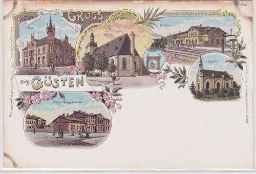 86055 Ak Lithographie Gruß aus Güsten Bahnhof, Post usw. um 1900