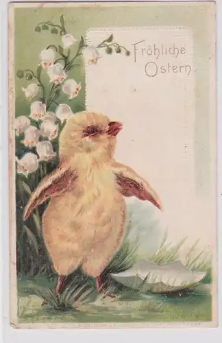 86462 Fröhliche Ostern Präge Ak Küken mit Maiglöckchen und Eierschale 1911