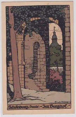 86854 Künstler Steindruck Ak Schönburg (Saale) im Burghof um 1930