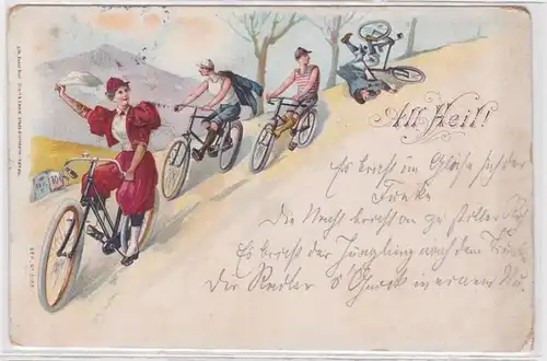 87058 Fahrrad Ak All Heil! Frau in rotem Kleid auf Fahrradtour 1898