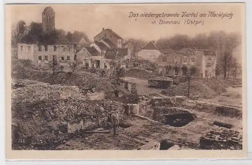 87182 AK Le quartier brûlé sur la place du marché à Domnau (Prusse orientale) 1916