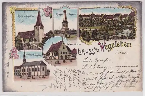 87546 Lithografie AK Gruss aus Wegeleben, Kirche, Denkmal, Rathaus & Kirche 1903