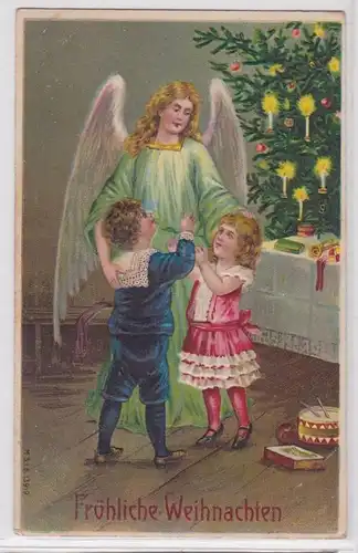 87861 Fröhliche Weihnachten Ak Engel mit 2 Kindern vor Tannenbaum 1911