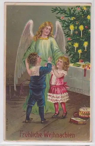 87861 Joyeux Noël Ak Ange avec 2 enfants devant sapin 1911