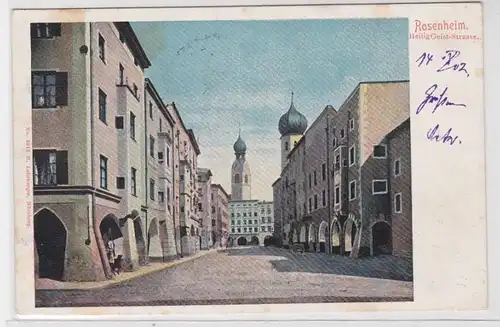 87988 AK Rosenheim - Heilig-Geiststrasse, Straßenansicht mit Kirche 1911
