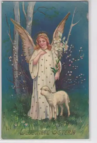 88004 Gesegnete Ostern Präge Ak Engel mit Lamm 1911