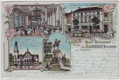 88691 Lithografie AK Gruss aus Hotel Restaurant zum Bahnhof Duisburg P.Horrmann