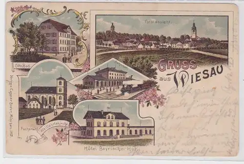 88701 Lithographie AK Gruss de Wiesau - Gare, Fuchsmühl, Eglise & Hôtel 1903