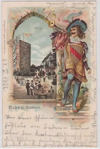 89514 Passepartout AK Baden-Baden - Yburg & Trompeter avec des armoiries de la ville 1902
