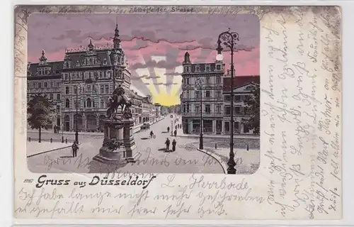 89782 Lithographie AK Gruss de Düsseldorf - Elberfelder Strasse avec monument 1905