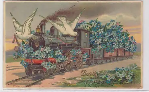 90559 Geburtstags Ak geschmückte Dampflokomotive mit Schwalben 1910