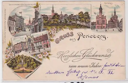 90561 Lithografie AK Gruss aus Perleberg - Markt, Kriegerdenkmal & Panorama 1896