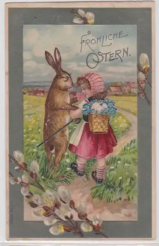 90644 Fröhliche Ostern Präge Ak Hase und Kind mit Eierkorb 1909