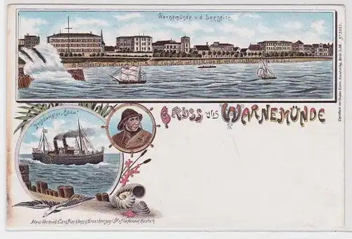 90836 Ak Lithographie Gruß aus Warnemünde Postdampfer 'Edda' usw. um 1900