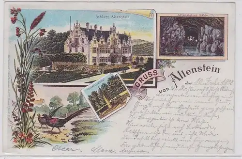 91034 Lithografie AK Gruss vom Altenstein - Schloss, Höhle & Luther Denkmal 1898