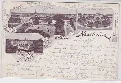 91166 AK Gruss aus Neustrelitz - Grossherzogl. Schloss Marktplatz & Rathaus 1896