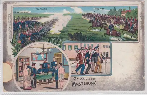 91177 Patriotika AK Gruss von der Musterung - Infanterie gegen Ulanen 1908