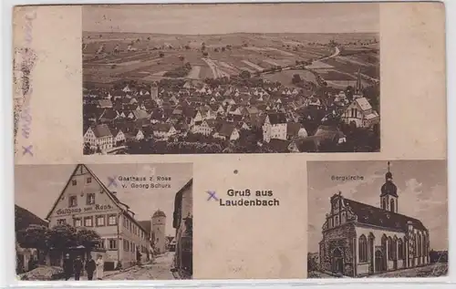 91407 AK Gruß aus Laudenbach - Bergkirche, Gasthaus zum Ross & Totale 1926