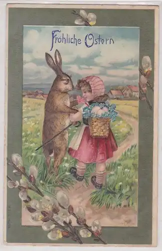 91445 Fröhliche Ostern Präge Ak Hase und Kind mit Eierkorb 1909