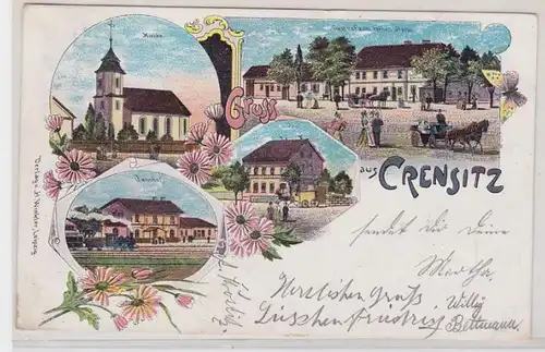 91604 Ak Lithographie Gruß aus Crensitz Bahnhof, Gasthof, Post 1912