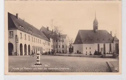 92096 Ak Limbach in Sachsen Kirche mit Rathaus 1937