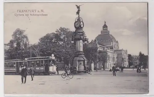 92218 Ak Frankfurt am Main Uhrturm mit Schauspielhaus & Strassenbahn 1916