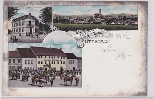92417 Ak Lithographie Gruß aus Buttstädt Postamt, Rossmarkt usw. 1901