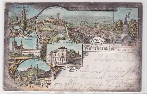 92450 AK Gruss aus Weinheim - Schloss, Marktplatz, Kriegerdenkmal & Hôtel 1898