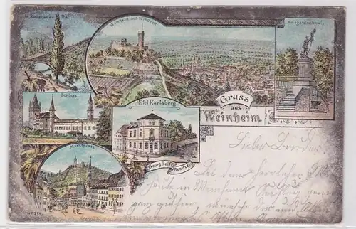 92450 AK Gruss von Weinheim - Château, Place du Marché, Monument aux Guerriers & Hôtel 1898