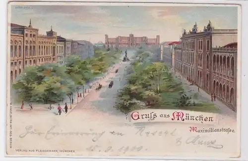 92457 AK Salutation de Munich - Maximilianstraße, vue sur la rue m. Tramway 1900