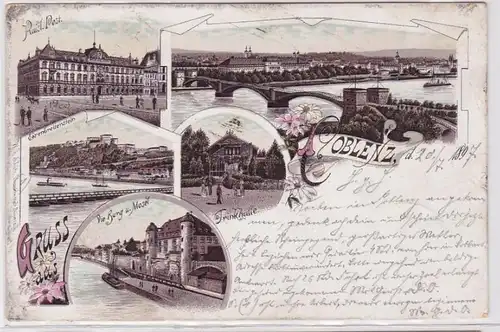 92470 AK Gruss de Coblenz - Salle de thé, Kaisl. Post, Château, Moselle, Panorama 1897