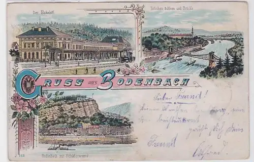 92804 Ak Lithographie Salutation de Bodenbach Gare ferroviaire, pont, etc 1897