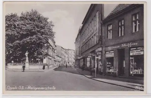 92807 Ak Oppeln Obersilsien Malapanerstraße avec des magasins vers 1935