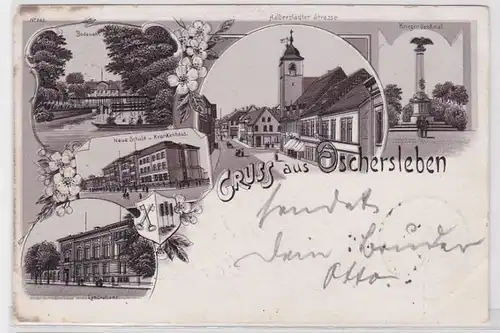 93216 Ak Lithographie Gruß aus Oschersleben Schule, Kriegerdenkmal usw. 1898