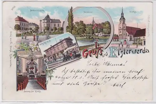 93337 Ak Lithographie Salutation de la gare d'Elsterwerda, séminaire, etc 1899