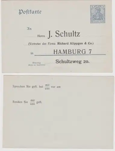 95158 Ganzsachen Postkarte P63 Zudruck J.Schultz Firma R.Klippgen & Co. Hamburg