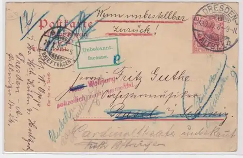 95953 DR Ganzsachen Postkarte P73 Dresden nach Basel (Schweiz) Unzustellbar 1909
