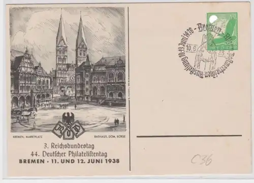 96062 Carte complète PP142/C36/01 44. dt. Journée philatéliste de Brême 1938 Hôtel de ville