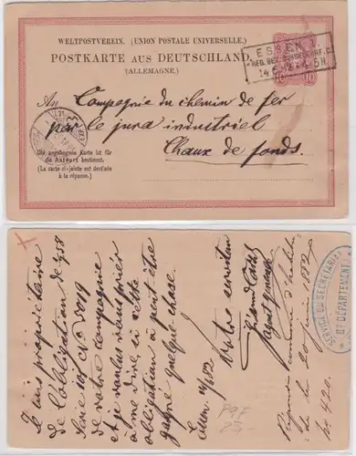 96069 DR Ganzsachen Postkarte P9F Essen nach La Chaux de Fonds (Schweiz) 1882